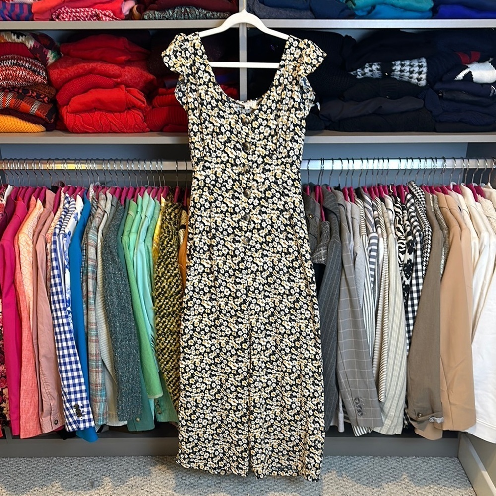 Sweet Wanderer navy/yellow floral elastic waistband cropped jumpsuit size L
